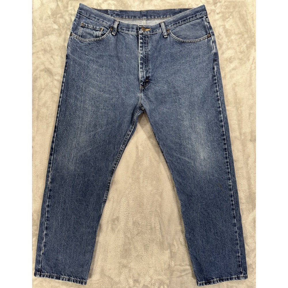 Wrangler Jeans Mens 40x30 Blue Tapered High Rise Medium Wash Denim Stained